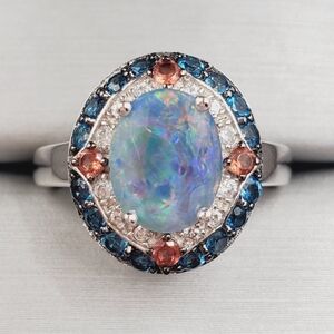 Triplet Opal, Garnet, London Blue Topaz, Zircon Rhodium 925 Sterling Silver Ring